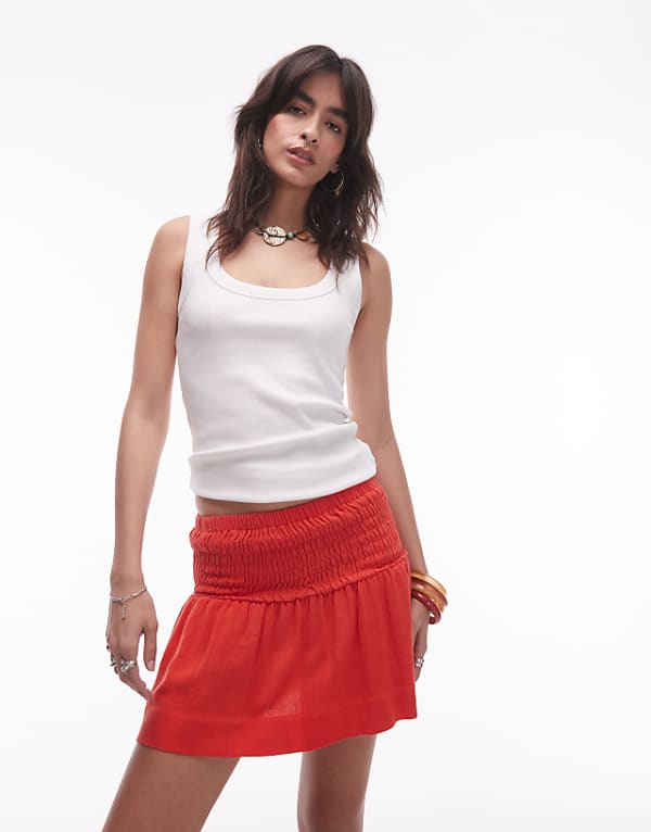 asos Topshop high rise linen mini skirt with ruched sides in red