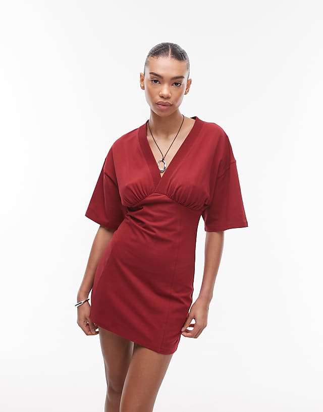 Asos Topshop Jersey Gathered Under Mini Bust Dress In Red
