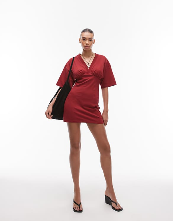 asos Topshop jersey gathered under mini bust dress in red