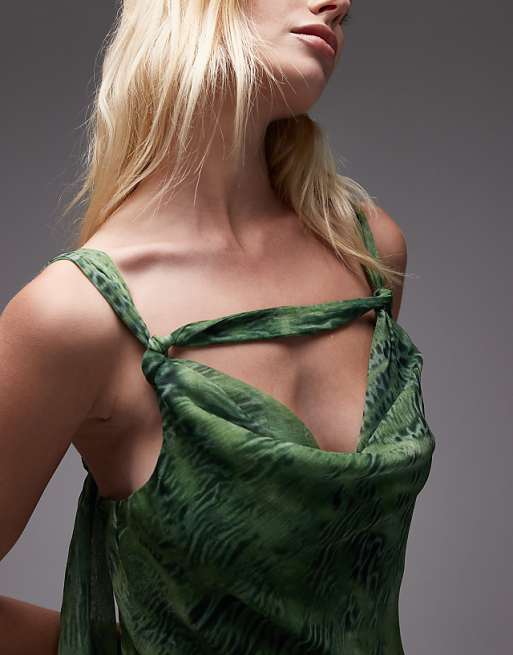 Asos Topshop Knot Neck Deep Cowl Occasion Midi In Green Snake