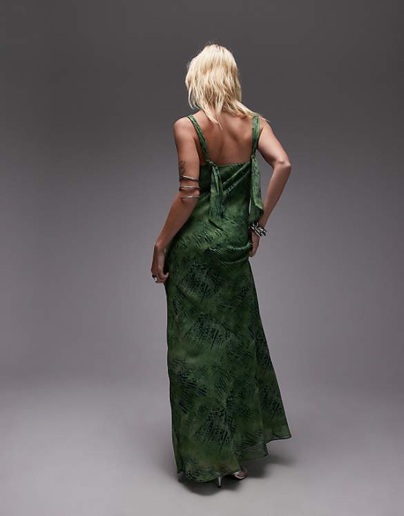 Asos Topshop Knot Neck Deep Cowl Occasion Midi In Green Snake