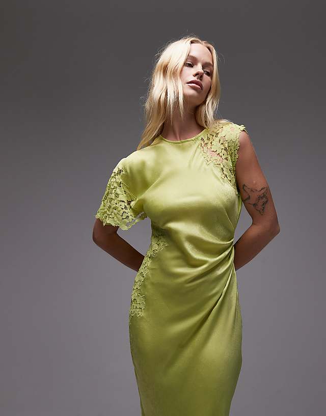 Asos Topshop Lace Insert Grown On Shoulder Midi Dress In Lime