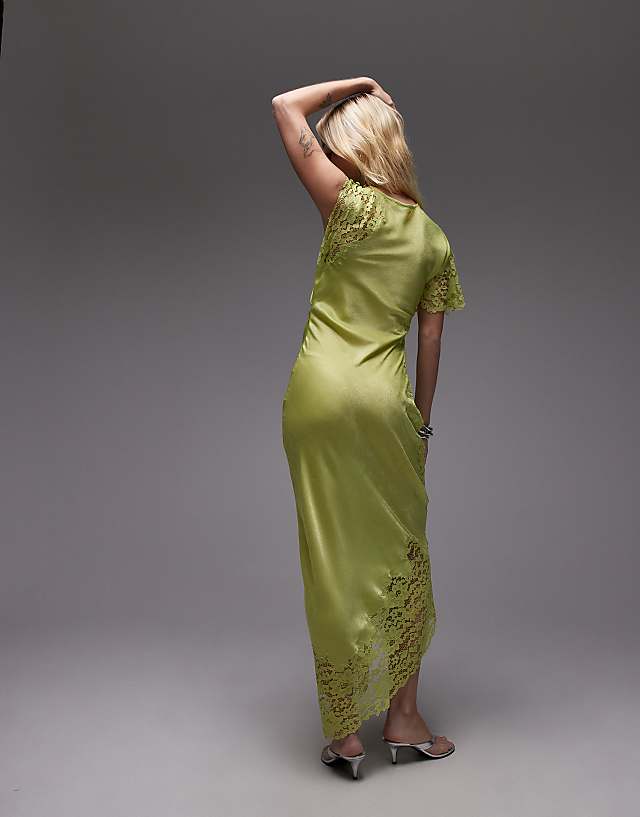 Asos Topshop Lace Insert Grown On Shoulder Midi Dress In Lime