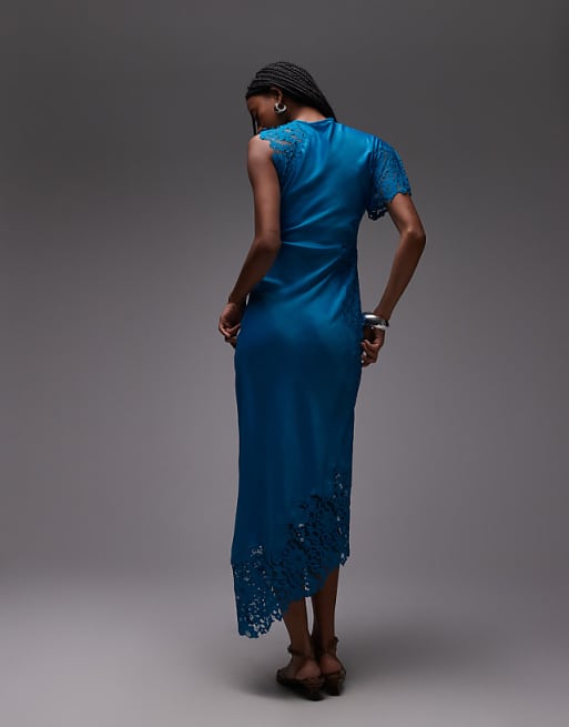 Asos Topshop Lace Insert Grown On Shoulder Midi Dress In Deep Blue