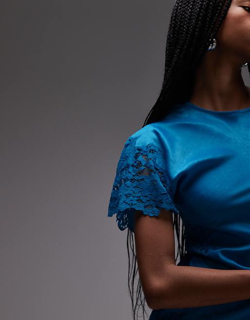 Asos Topshop Lace Insert Grown On Shoulder Midi Dress In Deep Blue