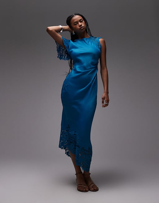 asos Topshop lace insert grown on shoulder midi dress in deep blue