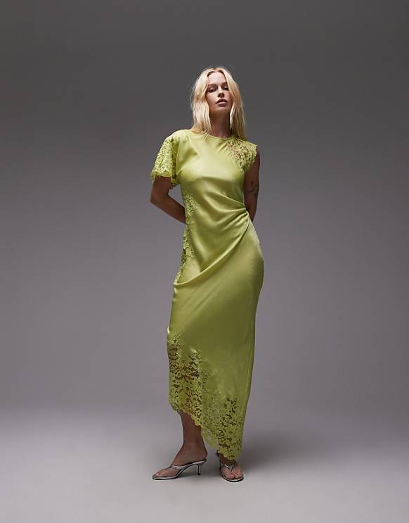asos Topshop lace insert grown on shoulder midi dress in lime