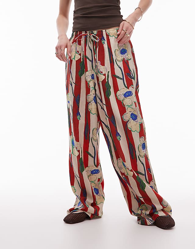Asos Topshop Linen Balloon Red Stripe Floral Stripe Trouser