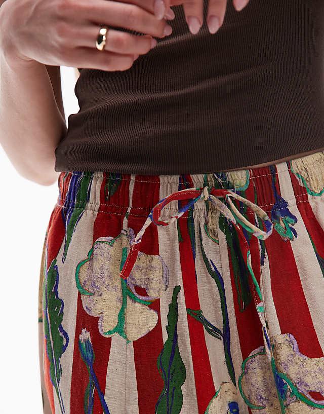 Asos Topshop Linen Balloon Red Stripe Floral Stripe Trouser