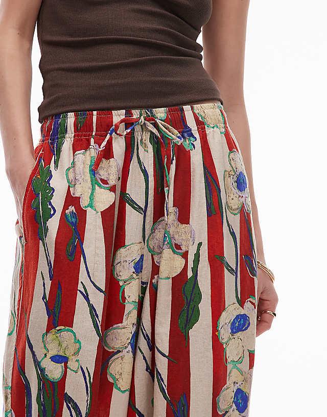 Asos Topshop Linen Balloon Red Stripe Floral Stripe Trouser