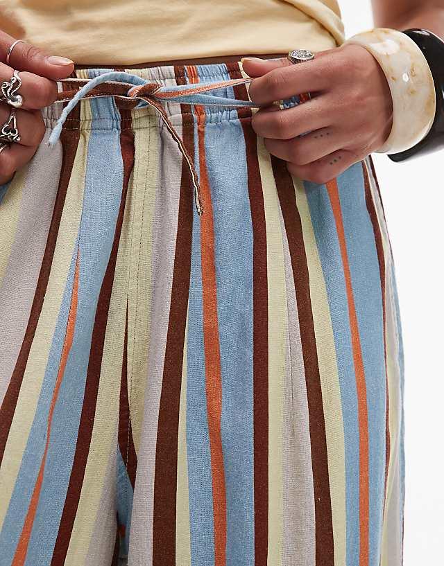 Asos Topshop Linen Balloon Trouser In Blue Multi Stripe