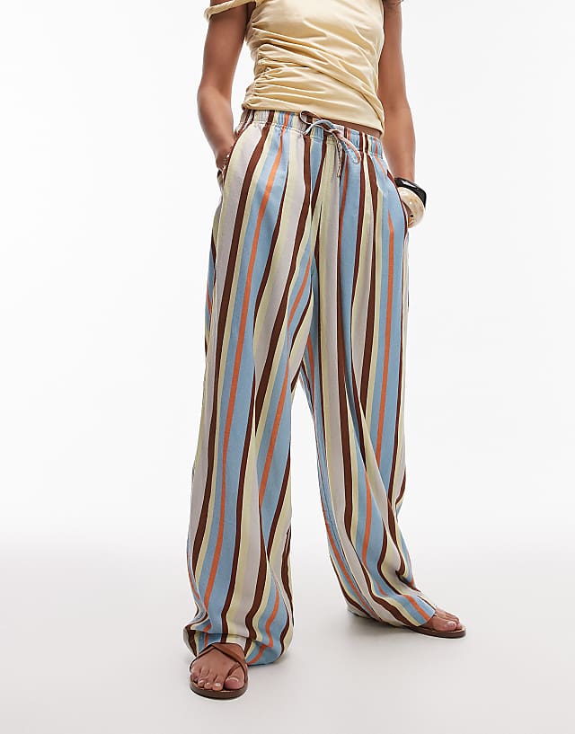 Asos Topshop Linen Balloon Trouser In Blue Multi Stripe