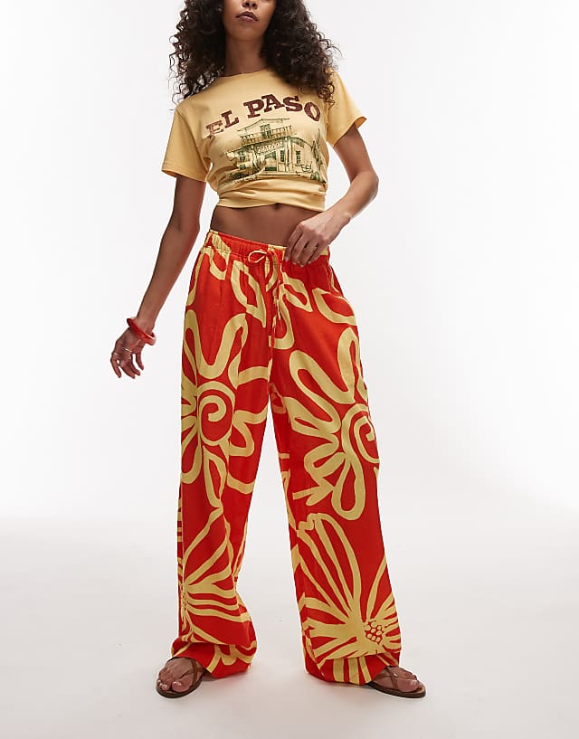 Asos Topshop Linen Balloon Trouser In Bright Orange Abstract Floral Print