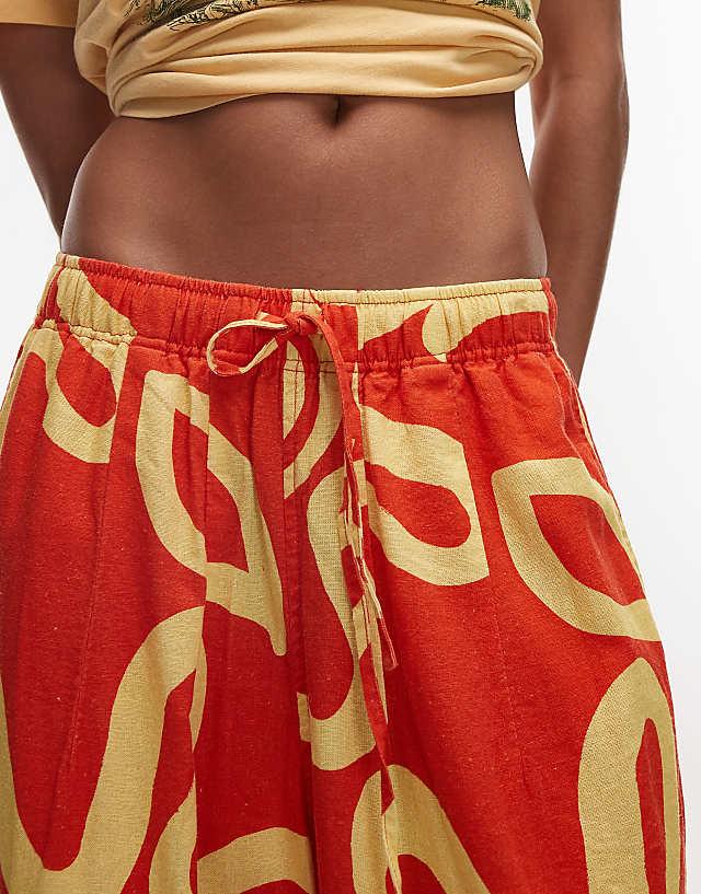 Asos Topshop Linen Balloon Trouser In Bright Orange Abstract Floral Print