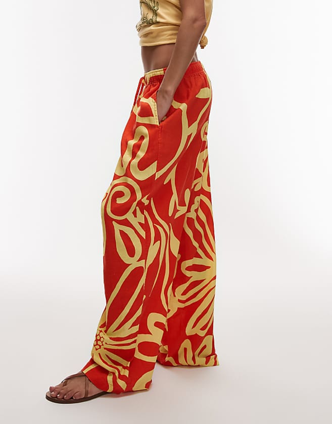 asos Topshop linen balloon trouser in bright orange abstract floral print