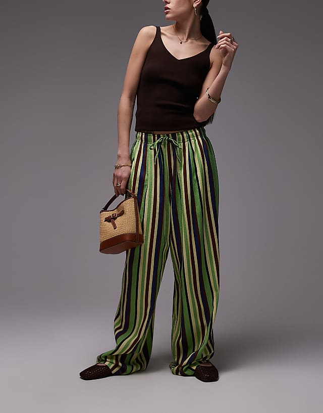 Asos Topshop Linen Balloon Trouser In Green Variegated Stripe