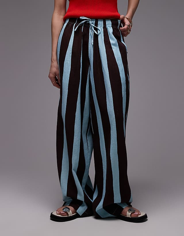 Asos Topshop Linen Balloon Trouser In Turquoise Bold Stripe