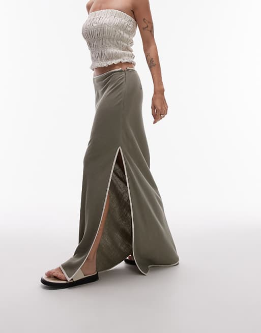 Asos Topshop Linen Bias Maxi Skirt In Green With Contrast Piping