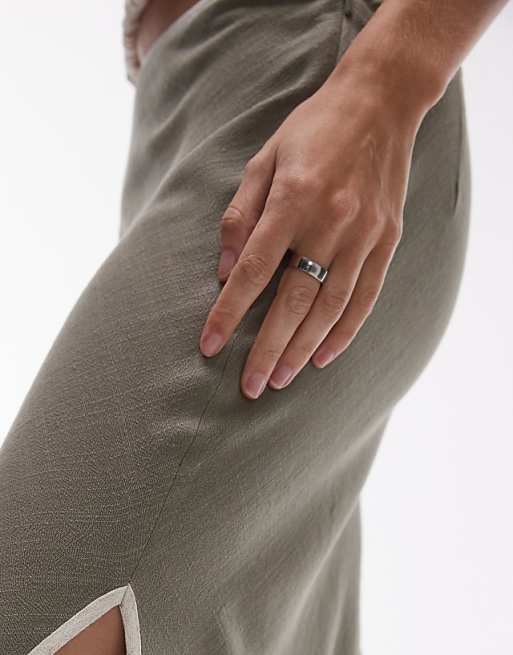 Asos Topshop Linen Bias Maxi Skirt In Green With Contrast Piping