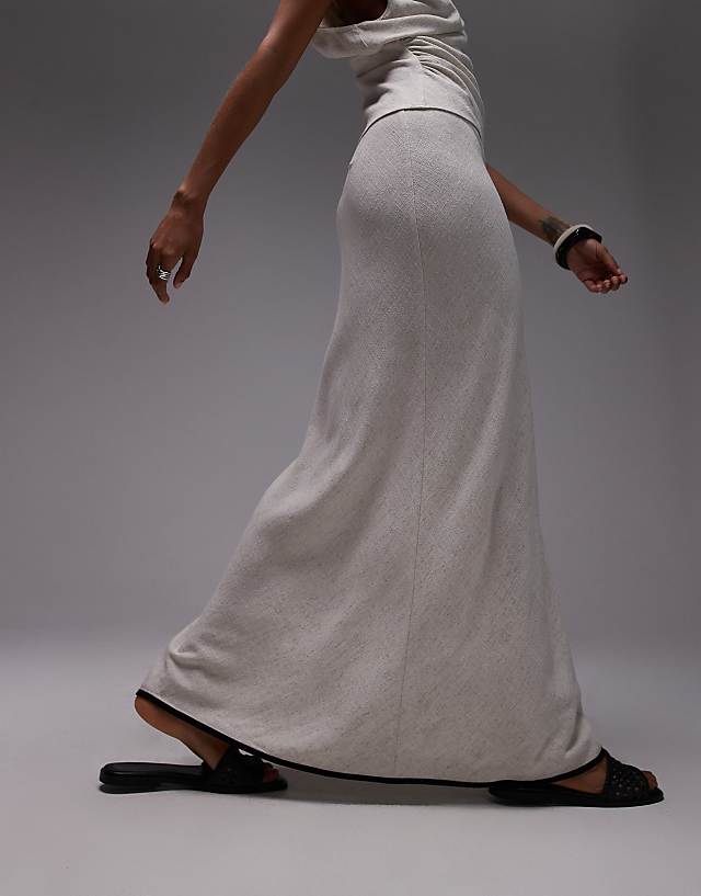 Asos Topshop Linen Bias Maxi Skirt In Natural With Black Piping