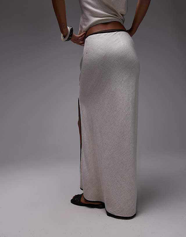 Asos Topshop Linen Bias Maxi Skirt In Natural With Black Piping