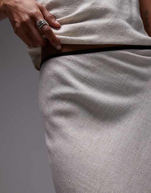 Asos Topshop Linen Bias Maxi Skirt In Natural With Black Piping
