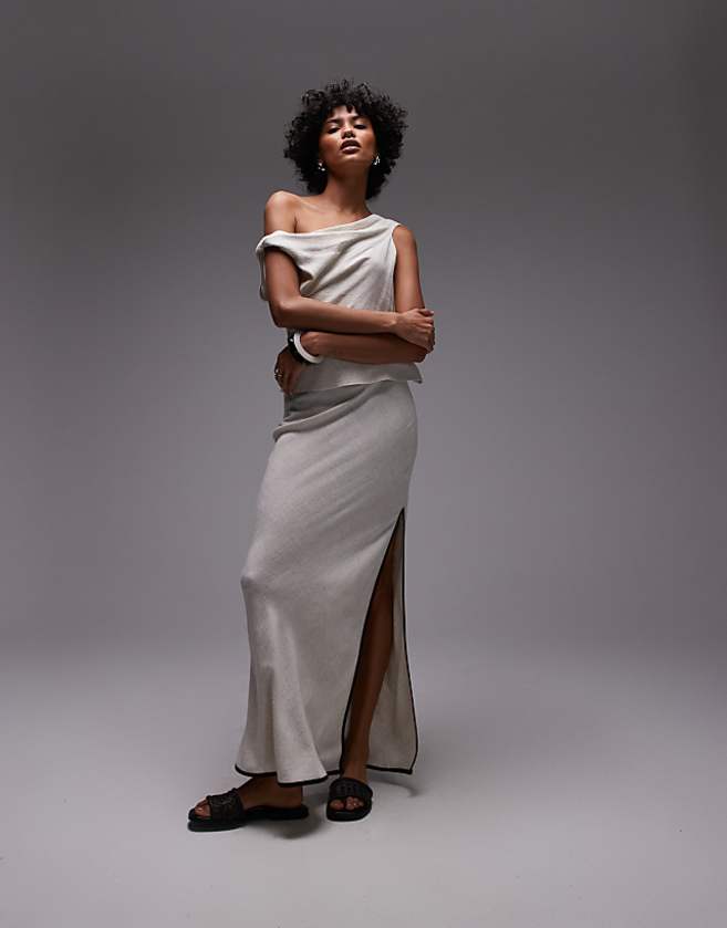 asos Topshop linen bias maxi skirt in natural with black piping