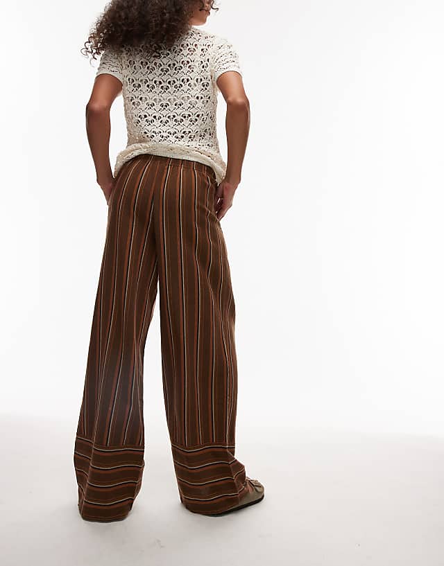 Asos Topshop Linen Brown Stripe Deep Cuff Straight Leg Trouser In Brown