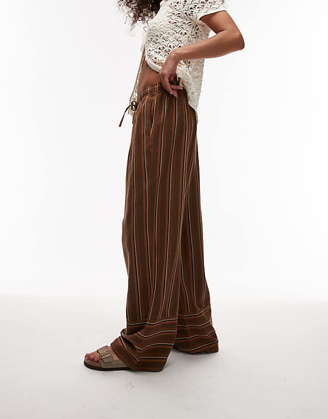 Asos Topshop Linen Brown Stripe Deep Cuff Straight Leg Trouser In Brown