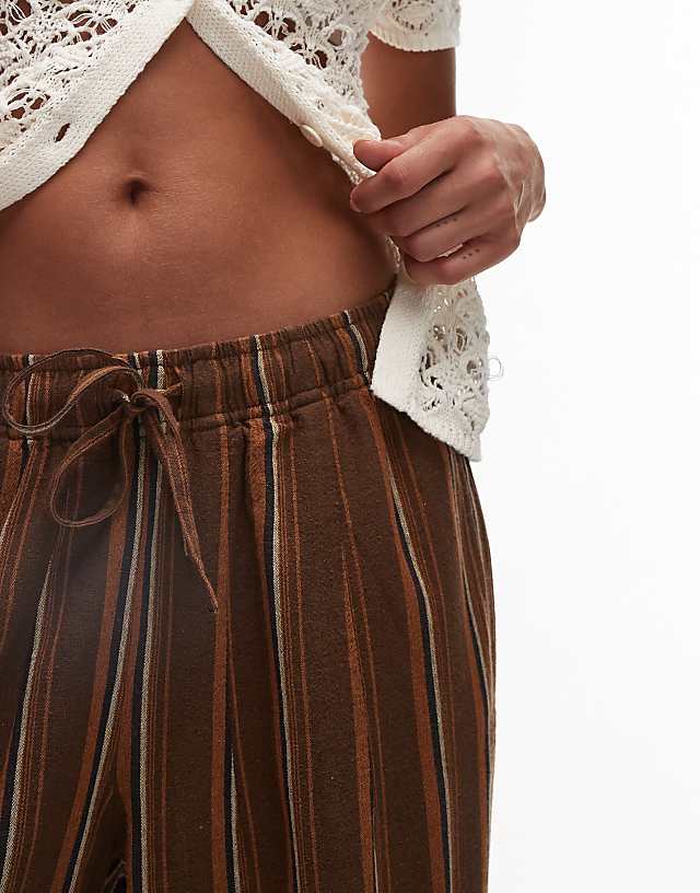 Asos Topshop Linen Brown Stripe Deep Cuff Straight Leg Trouser In Brown