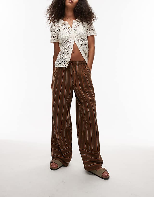 asos Topshop Linen brown stripe deep cuff straight leg trouser in brown
