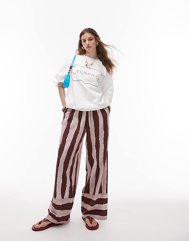 Asos Topshop Linen Brush Stroke Stripe Deep Cuff Straight Leg Trouser In Burgundy