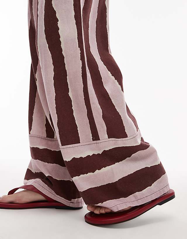 Asos Topshop Linen Brush Stroke Stripe Deep Cuff Straight Leg Trouser In Burgundy
