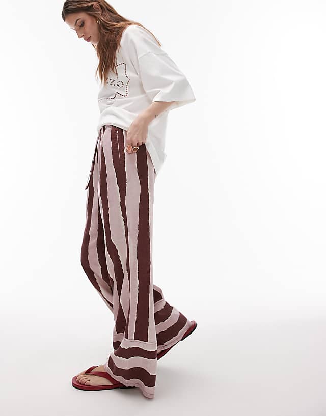 asos Topshop linen brush stroke stripe deep cuff straight leg trouser in burgundy
