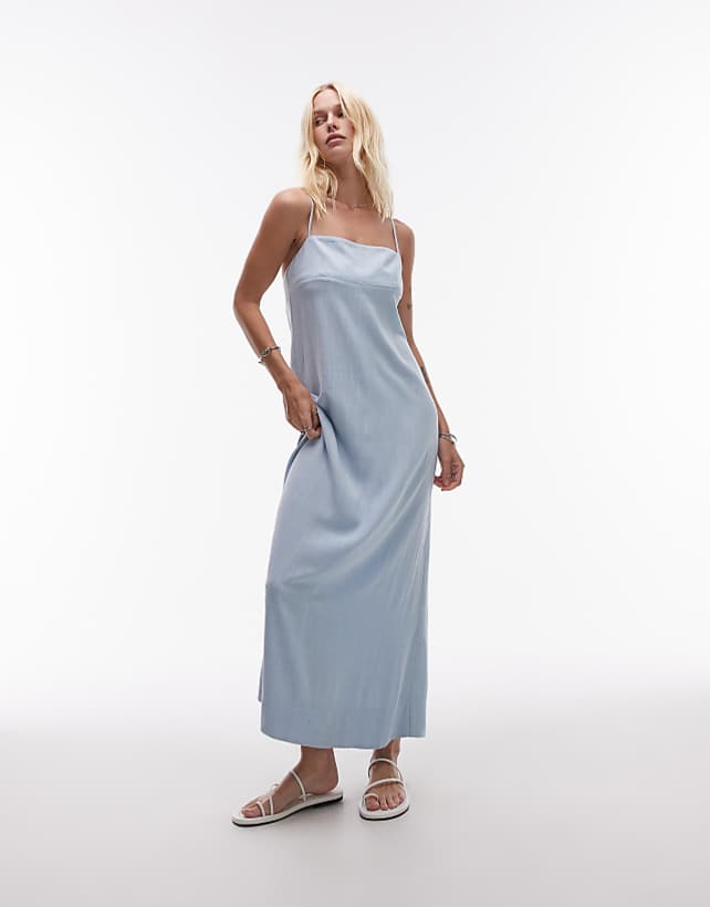 asos Topshop linen cami strap midi dress in pale blue