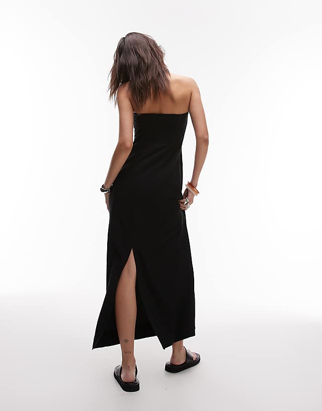 Asos Topshop Linen Heavy Seamed Bandeau Midi Dress In Black
