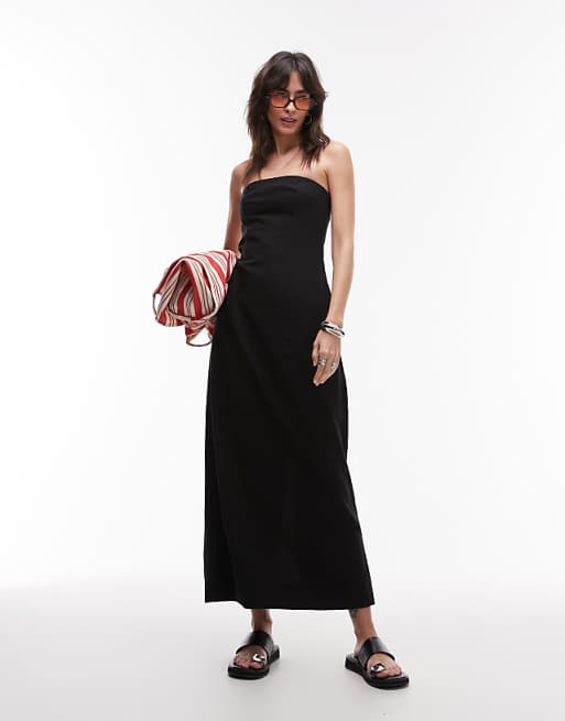 asos Topshop linen heavy seamed bandeau midi dress in black