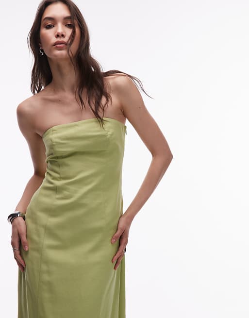 Asos Topshop Linen Heavy Seamed Bandeau Midi In Pistachio Green