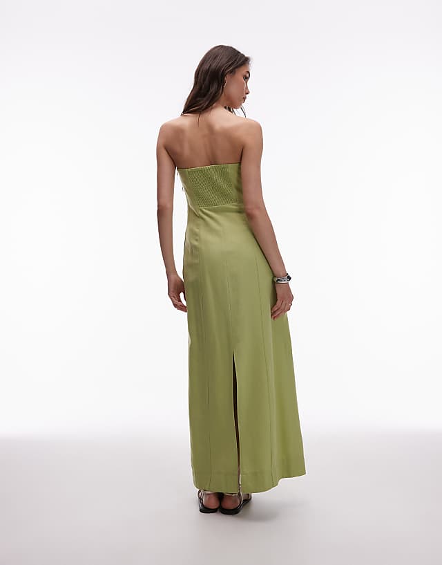 Asos Topshop Linen Heavy Seamed Bandeau Midi In Pistachio Green