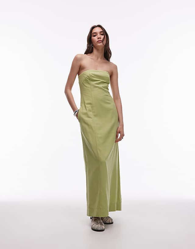 asos Topshop linen heavy seamed bandeau midi in Pistachio green
