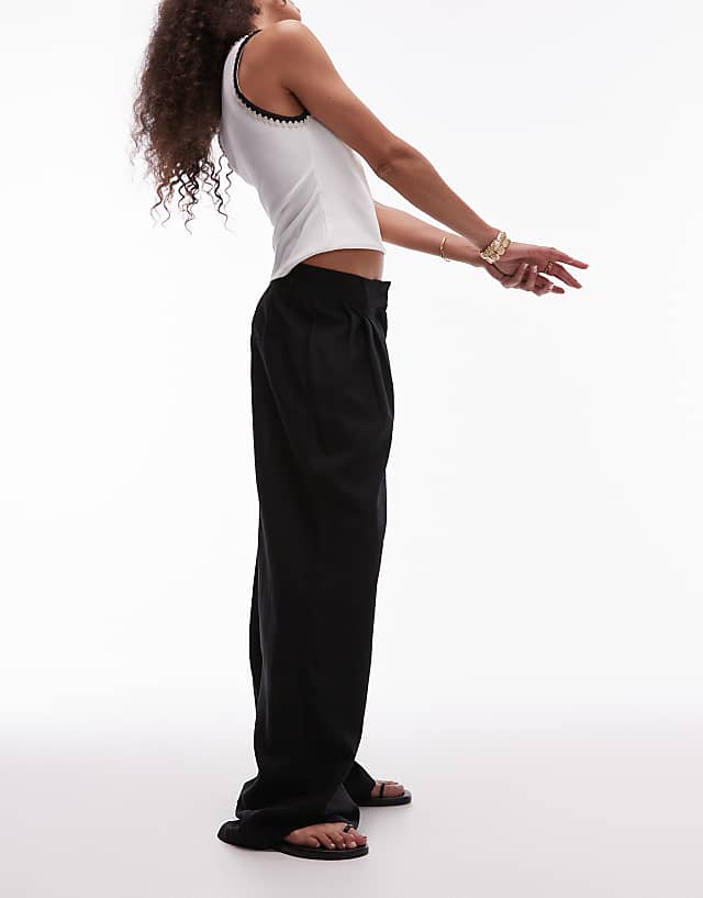 Asos Topshop Linen High Waist Double Pleat Trouser In Black