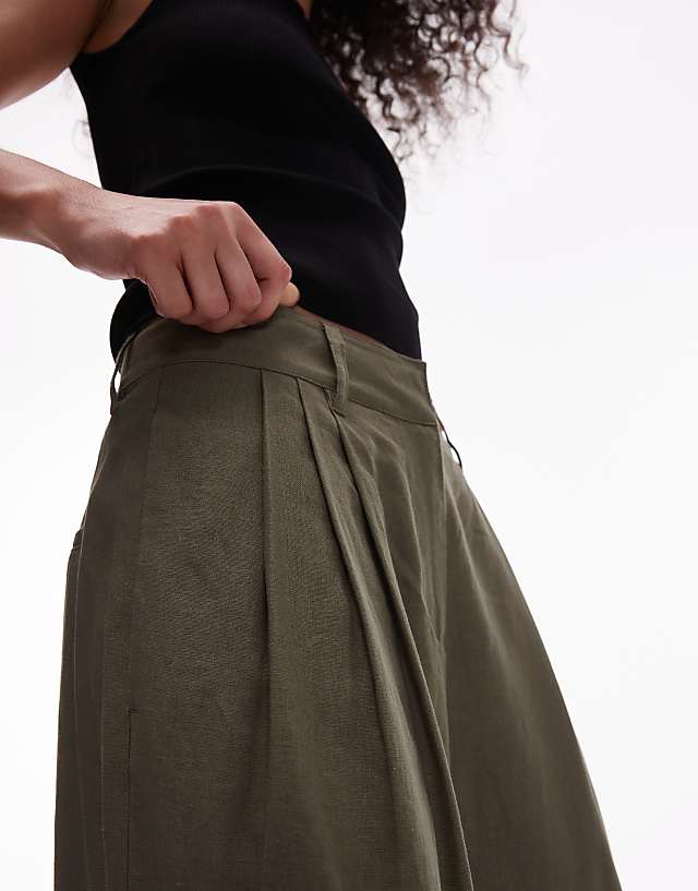 Asos Topshop Linen High Waist Double Pleat Trouser In Khaki