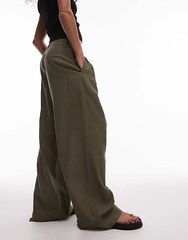 Asos Topshop Linen High Waist Double Pleat Trouser In Khaki
