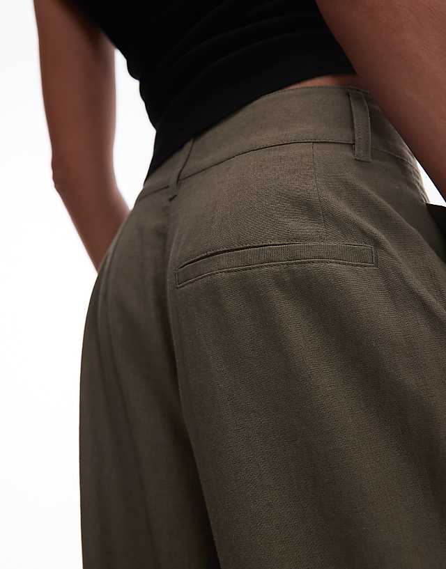 Asos Topshop Linen High Waist Double Pleat Trouser In Khaki