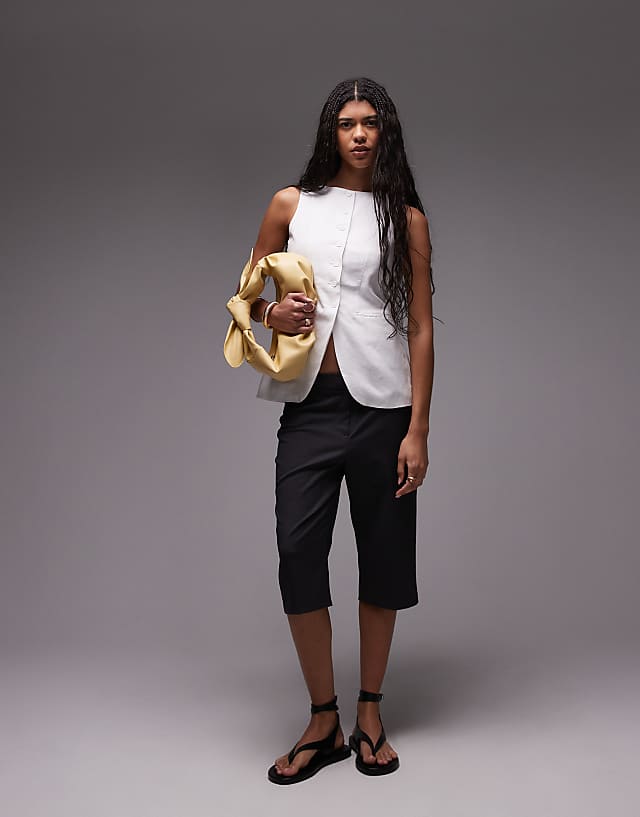 Asos Topshop Linen Longline Fitted Waistcoat With Pockets In White
