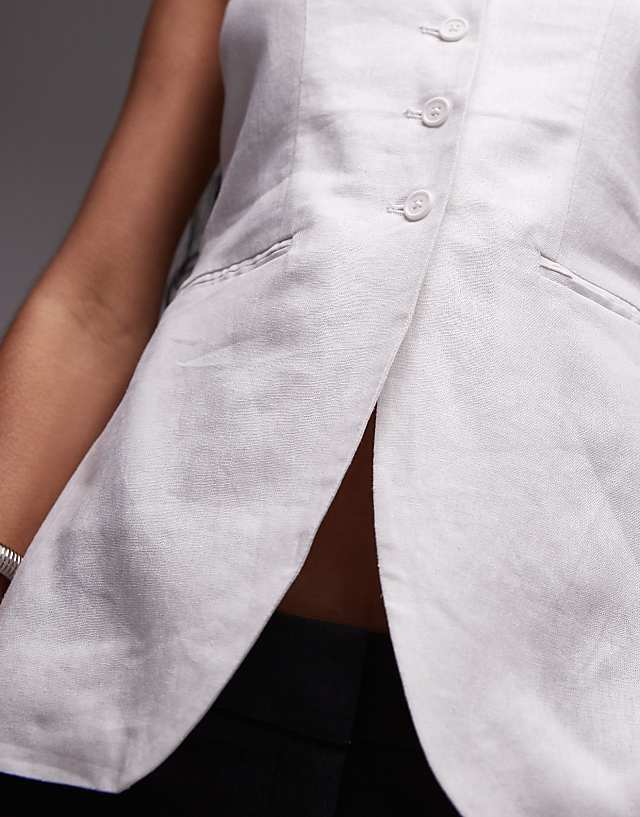 Asos Topshop Linen Longline Fitted Waistcoat With Pockets In White
