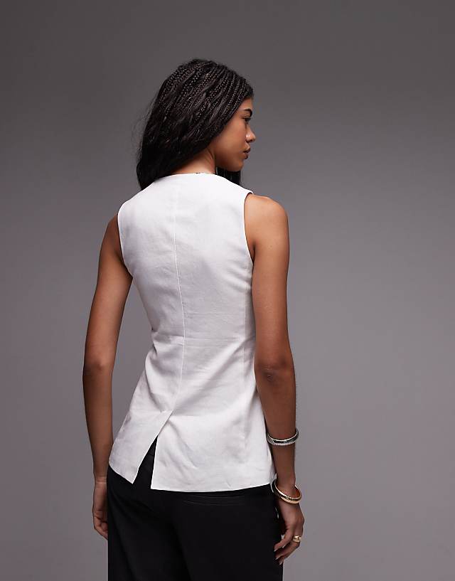 Asos Topshop Linen Longline Fitted Waistcoat With Pockets In White