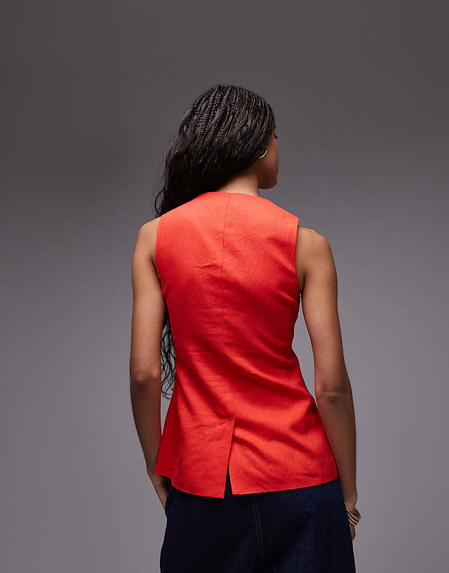 Asos Topshop Linen Longline Fitted Waistcoat With Pockets In Red