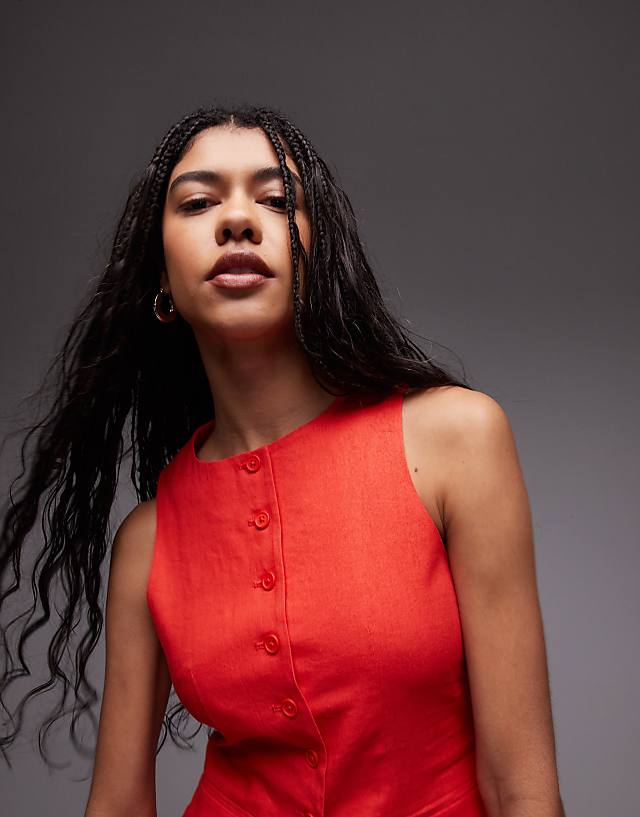 Asos Topshop Linen Longline Fitted Waistcoat With Pockets In Red
