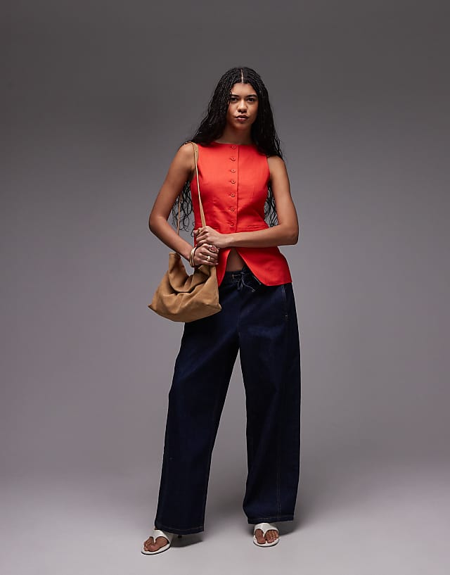 Asos Topshop Linen Longline Fitted Waistcoat With Pockets In Red